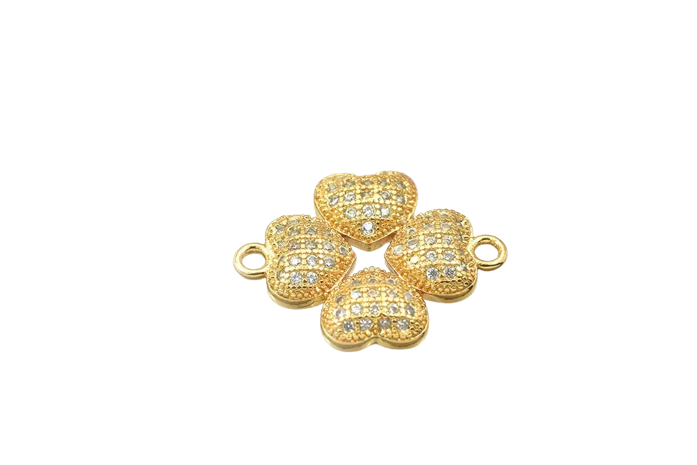 18K Gold Filled Look, Flower Heart Charm with Clear CZ, Micro Pave Rhinestone Connector for Jewelry Making