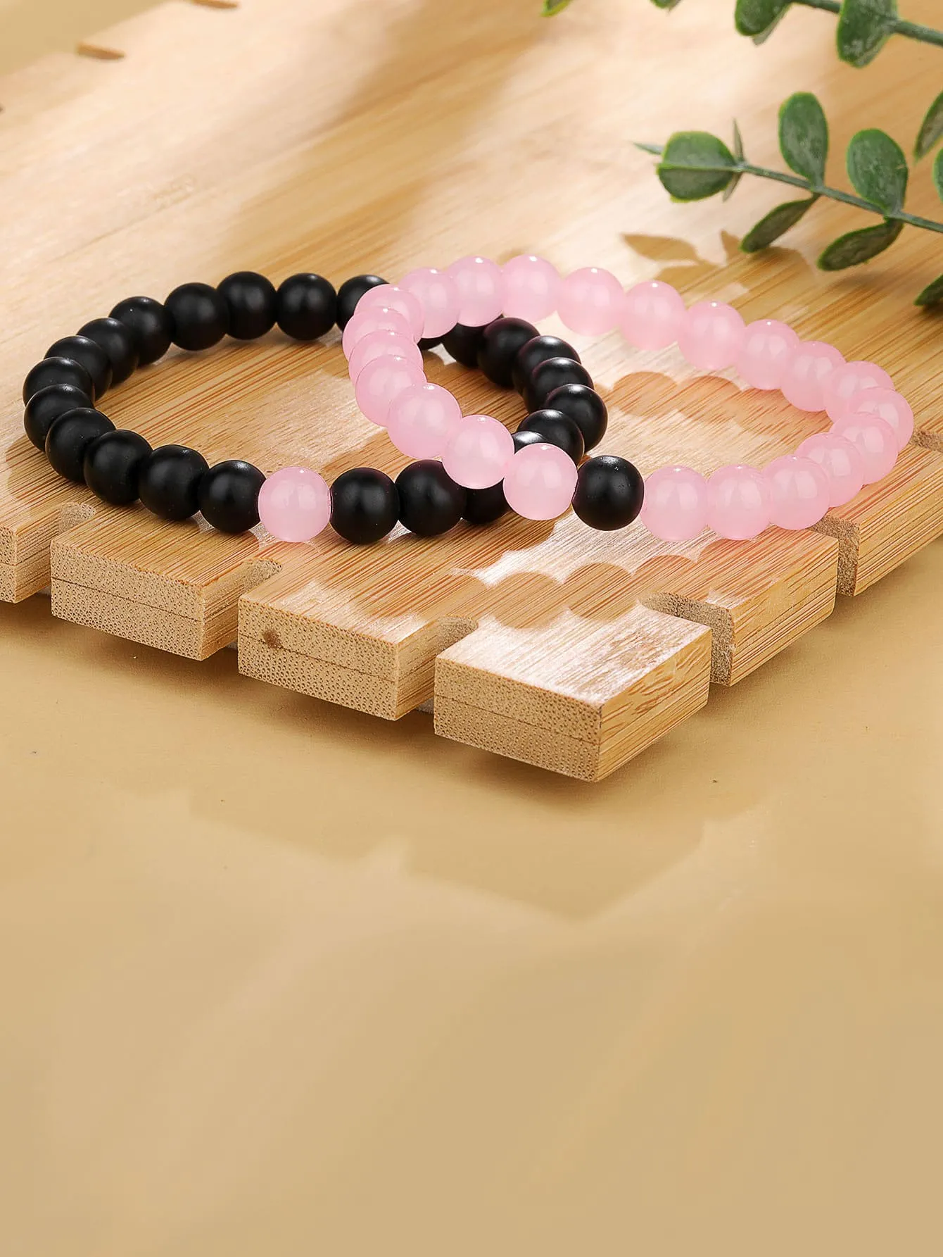 2pcs Couple Two Tone Black Pink Beaded Bracelet Stackable Stretch Bracelets