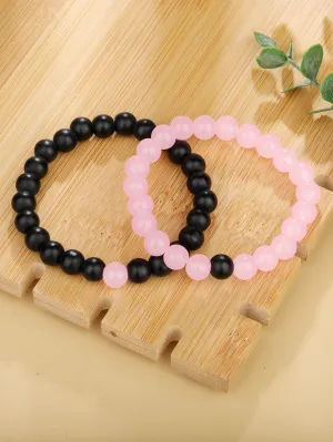 2pcs Couple Two Tone Black Pink Beaded Bracelet Stackable Stretch Bracelets