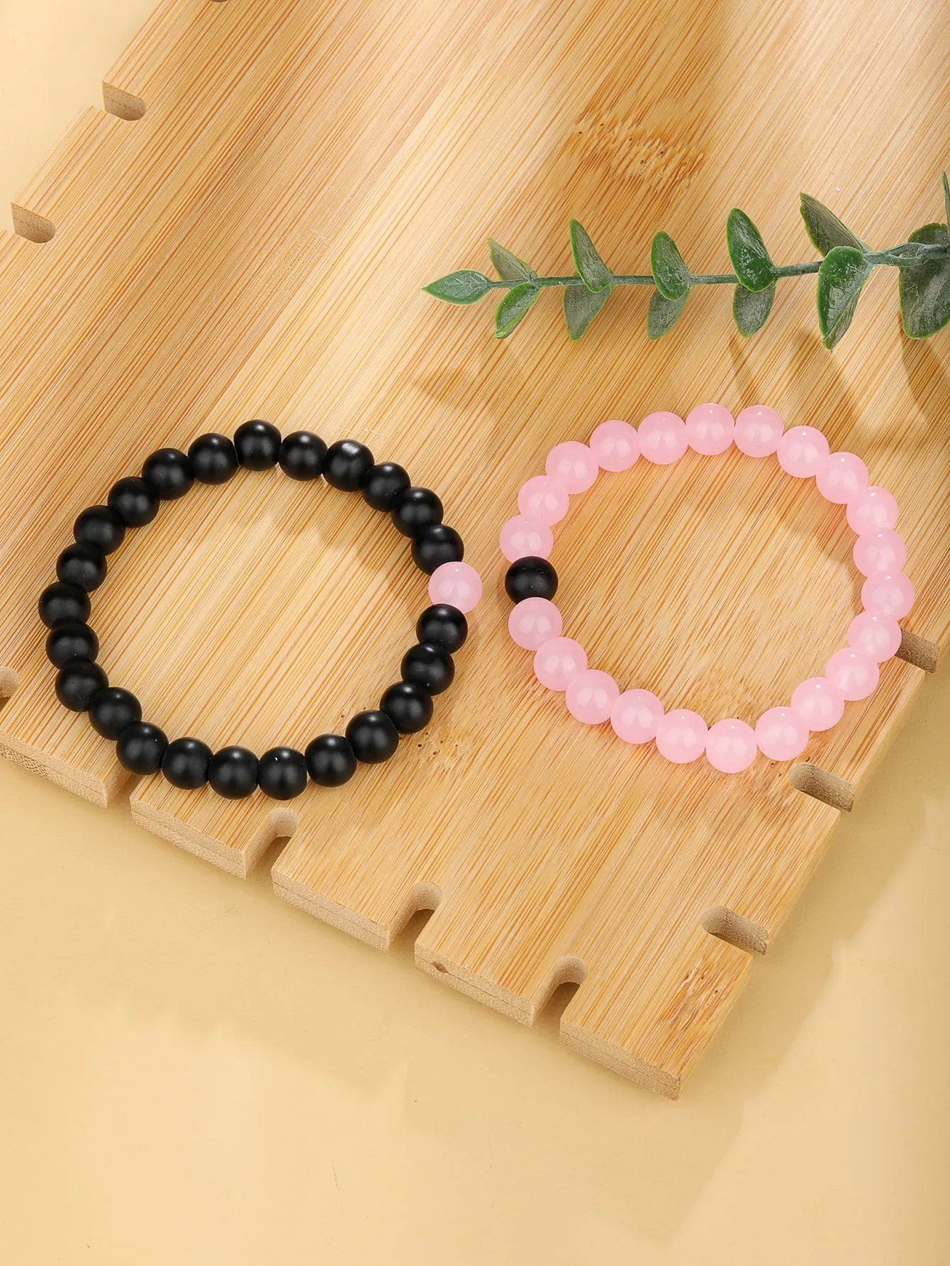 2pcs Couple Two Tone Black Pink Beaded Bracelet Stackable Stretch Bracelets