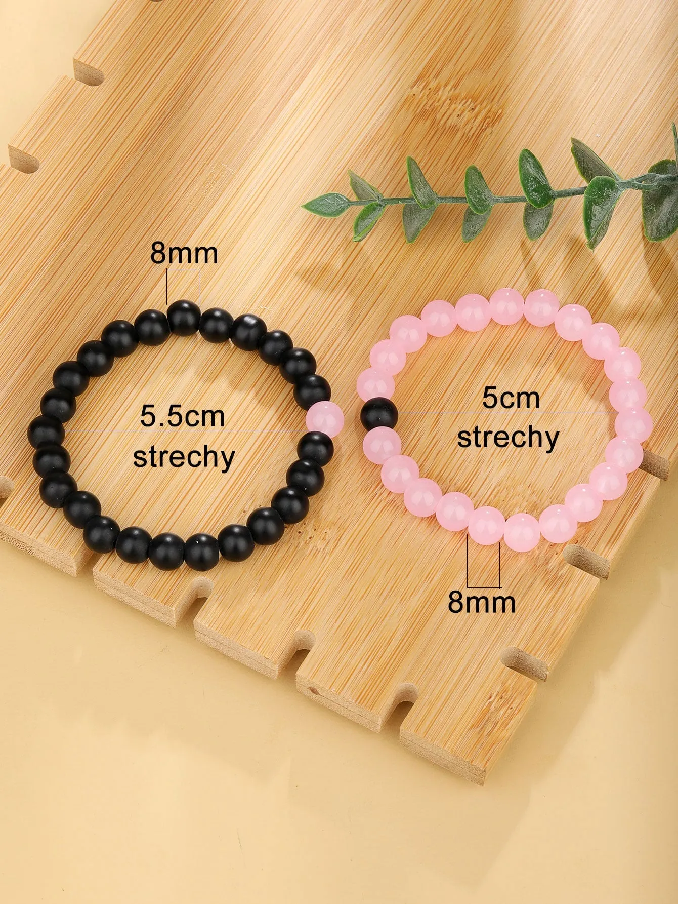 2pcs Couple Two Tone Black Pink Beaded Bracelet Stackable Stretch Bracelets