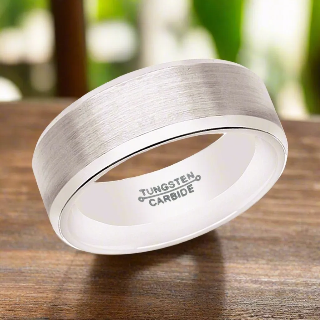 ANTARES | Silver Tungsten Ring, White Ceramic Interior, Beveled