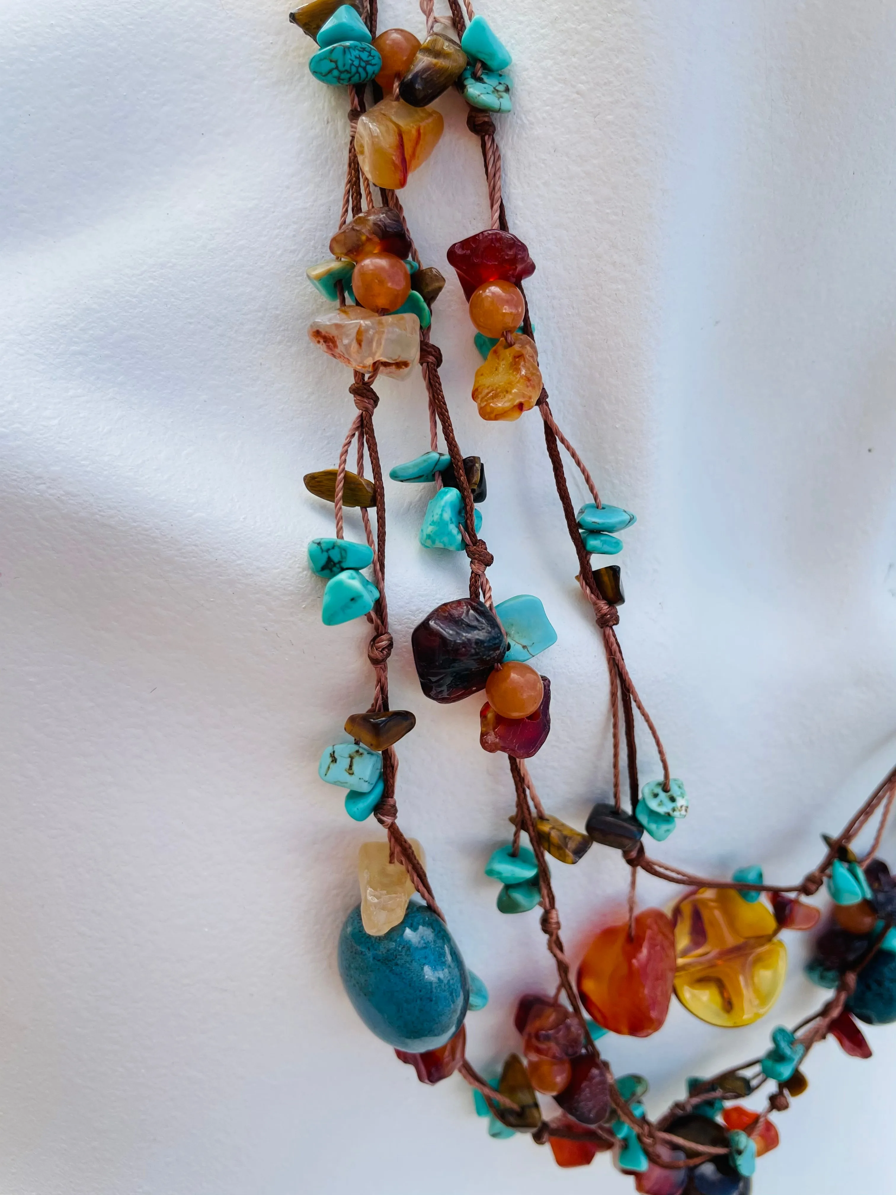 Artisan Handmade Multicolor Faux Amber Turquoise Mixed Stone Bead Gem Necklace