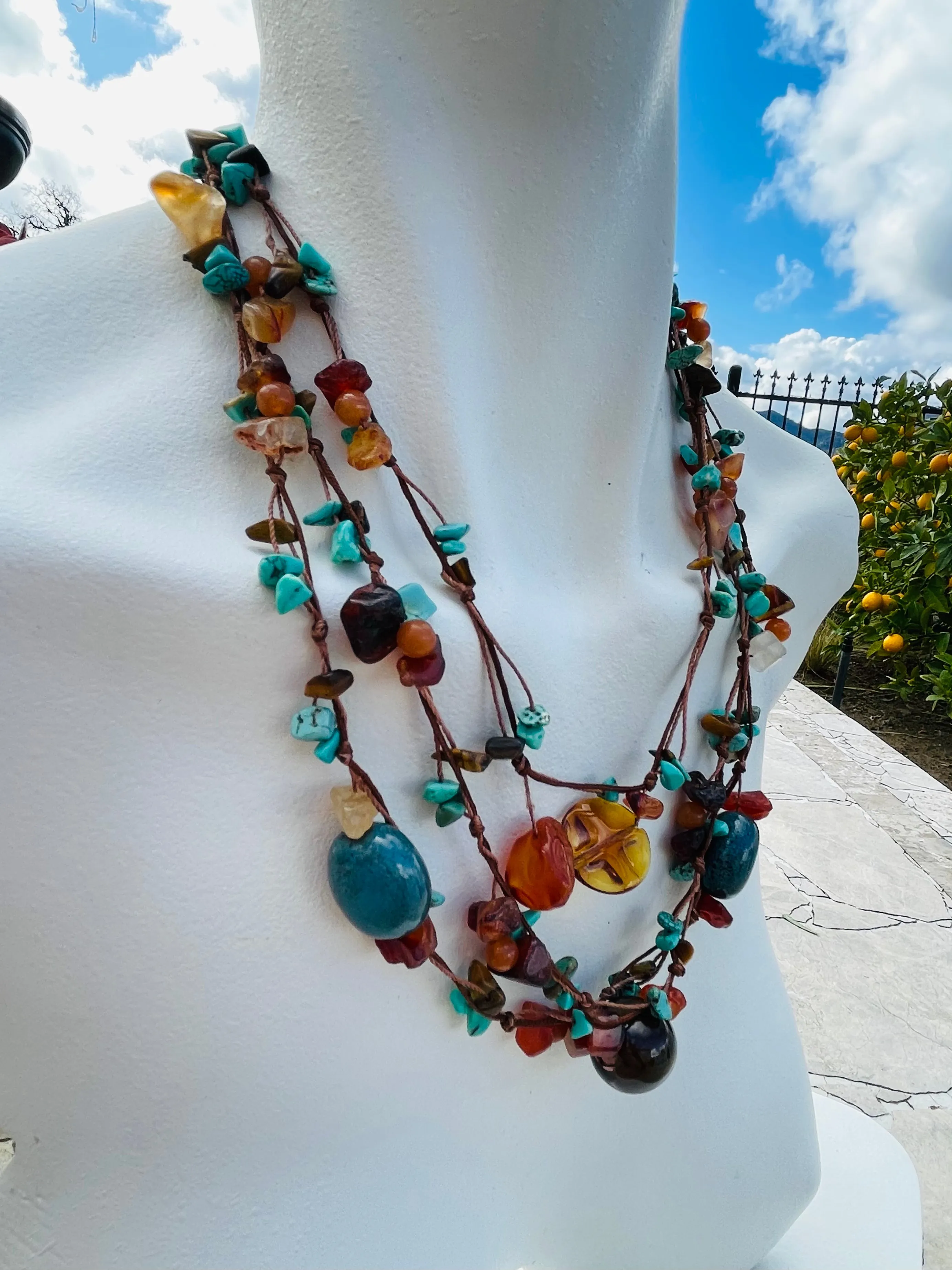 Artisan Handmade Multicolor Faux Amber Turquoise Mixed Stone Bead Gem Necklace