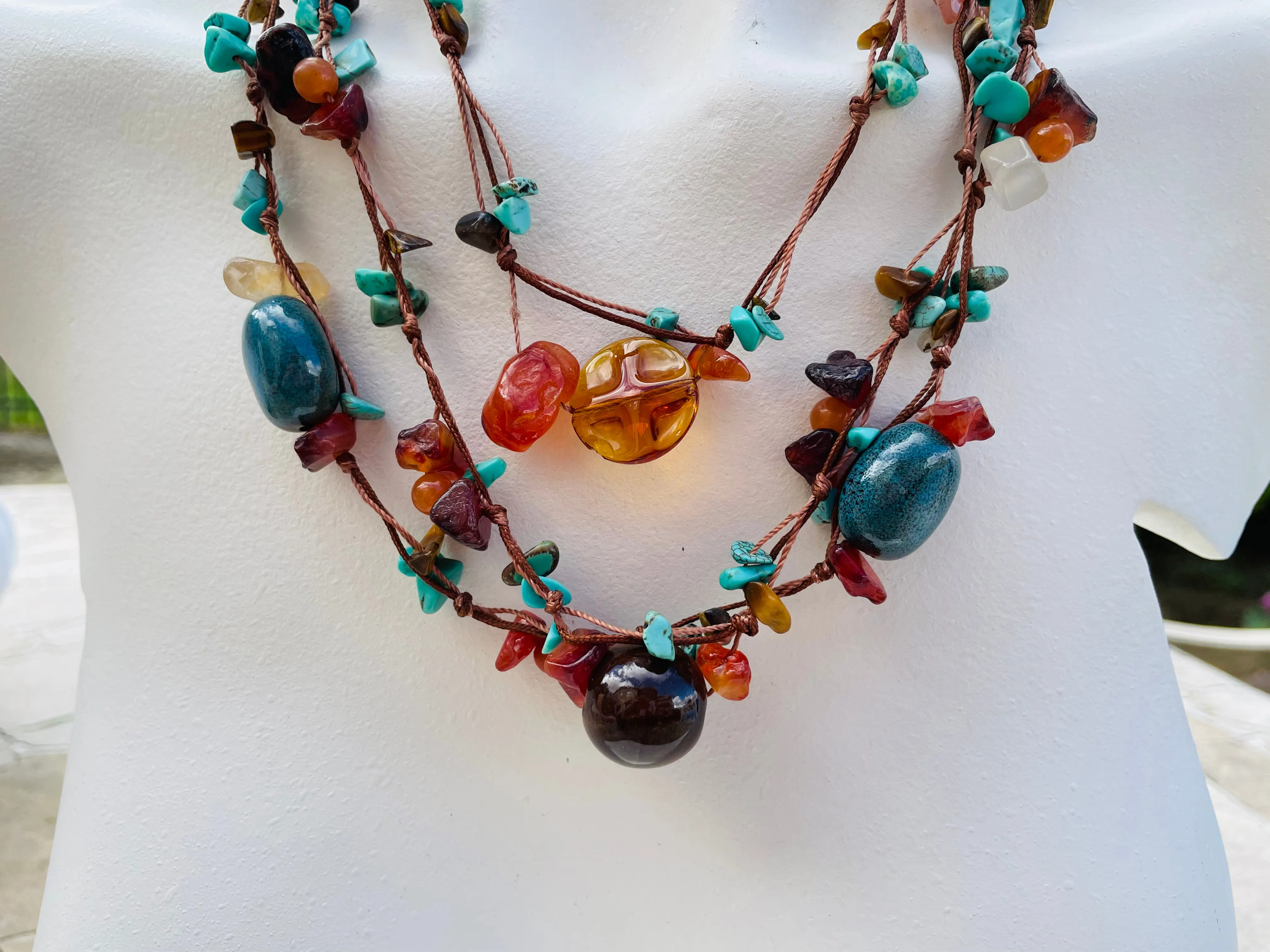 Artisan Handmade Multicolor Faux Amber Turquoise Mixed Stone Bead Gem Necklace