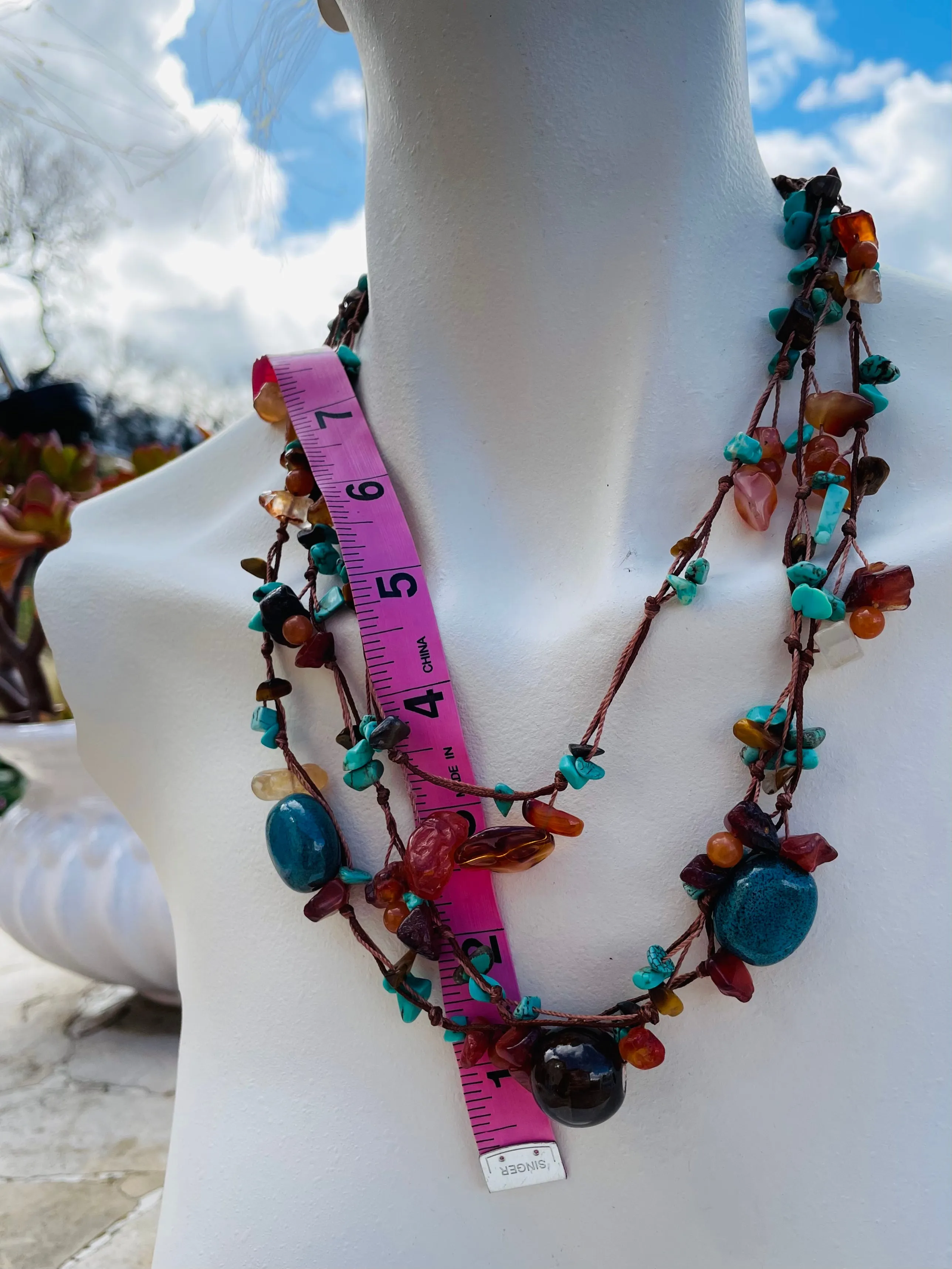 Artisan Handmade Multicolor Faux Amber Turquoise Mixed Stone Bead Gem Necklace