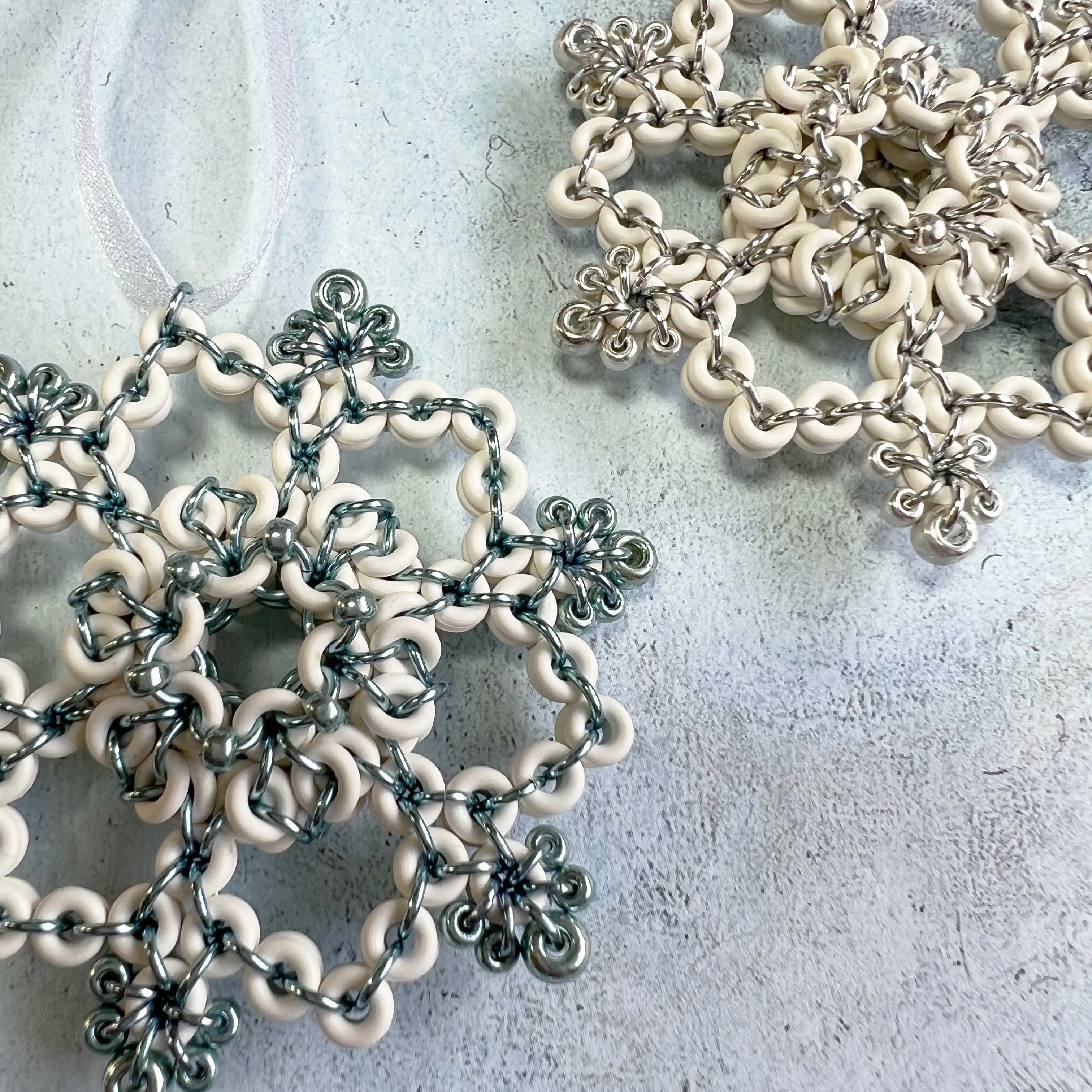 Beaded Lentil Snowflake Ornament Kit with Video Class White Sterling Silver Plated