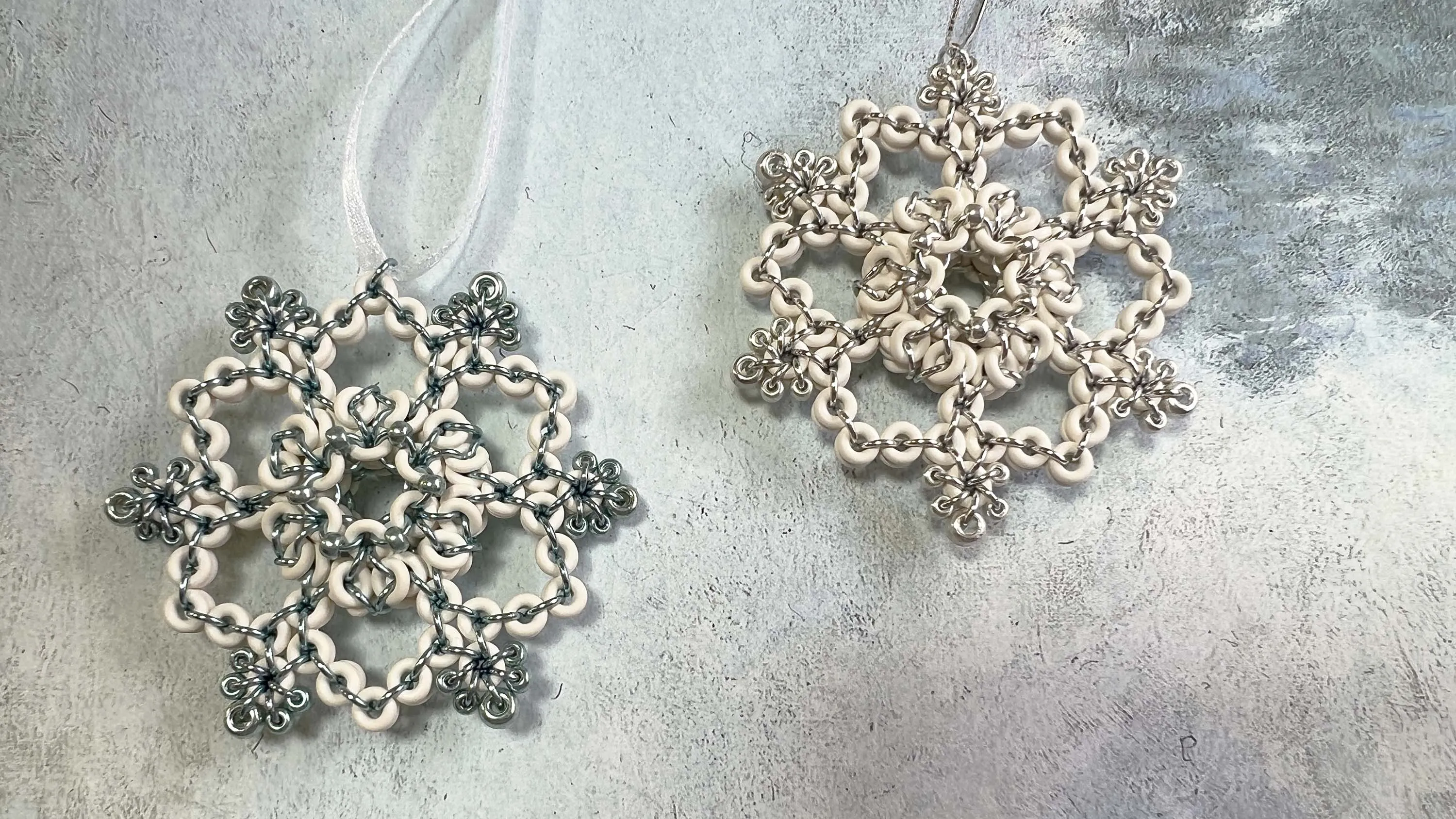 Beaded Lentil Snowflake Ornament Kit with Video Class White Sterling Silver Plated