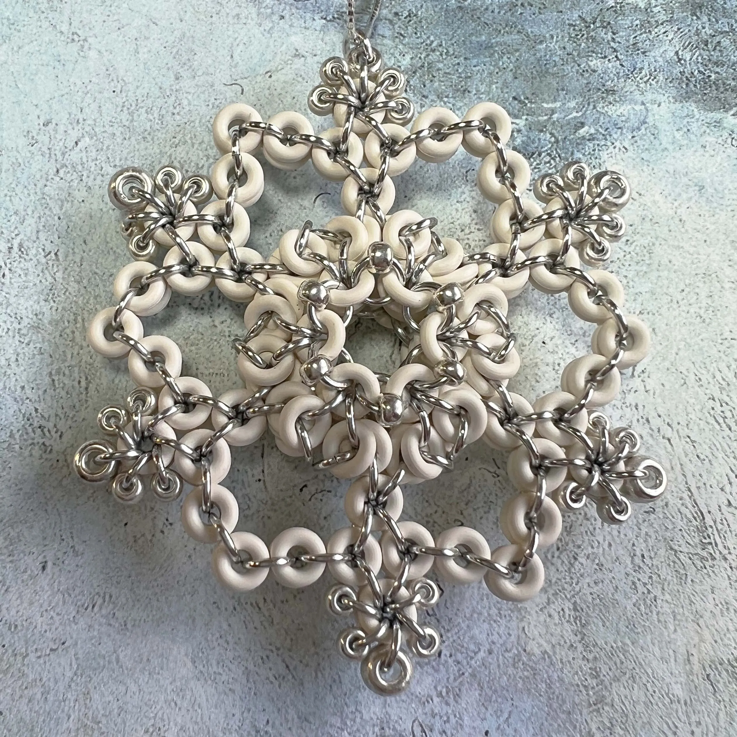 Beaded Lentil Snowflake Ornament Kit with Video Class White Sterling Silver Plated