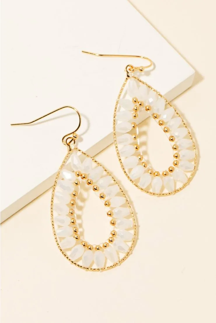 Beaded Tear Dangle Hook Earrings - White