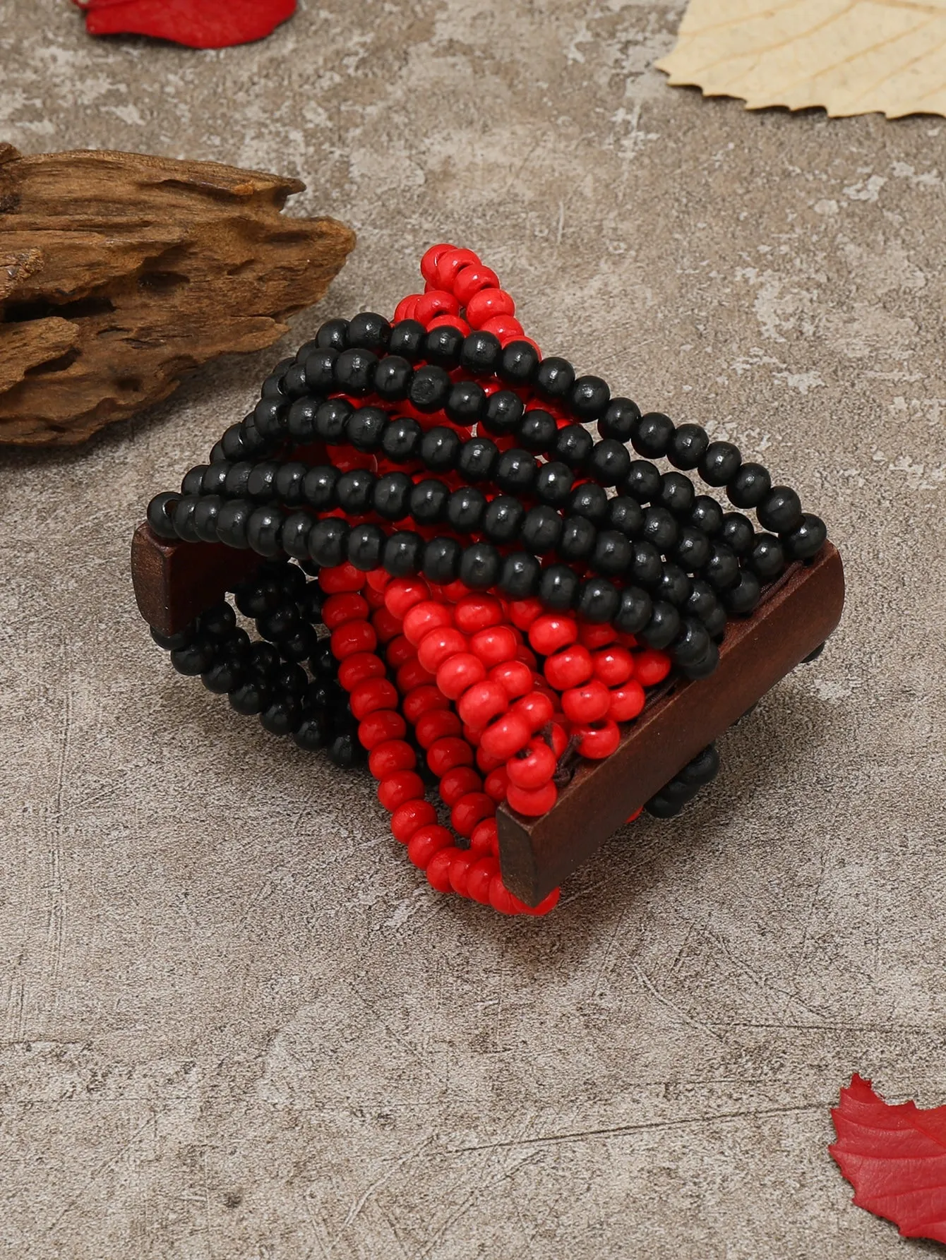 Black and Red Wooden Layered Beaded Bracelet Women Bracelet Stackable Bracelet