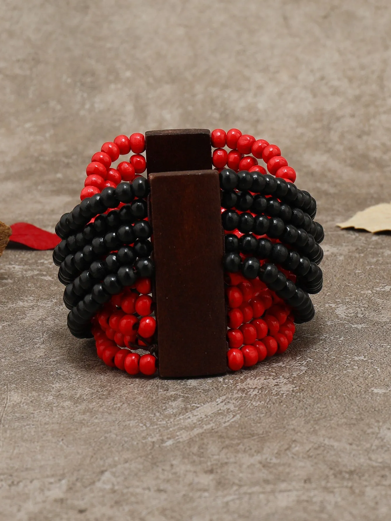 Black and Red Wooden Layered Beaded Bracelet Women Bracelet Stackable Bracelet