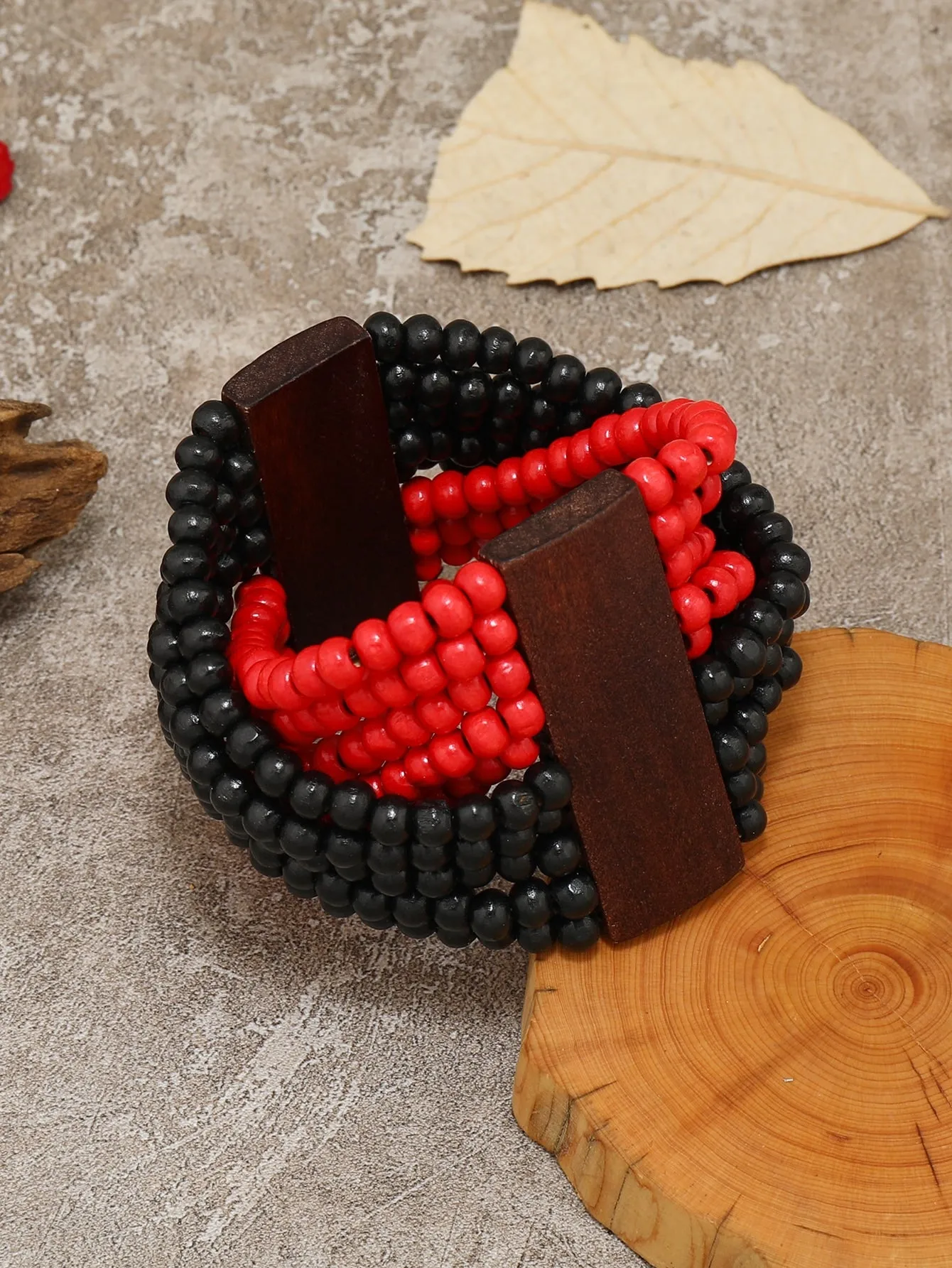 Black and Red Wooden Layered Beaded Bracelet Women Bracelet Stackable Bracelet