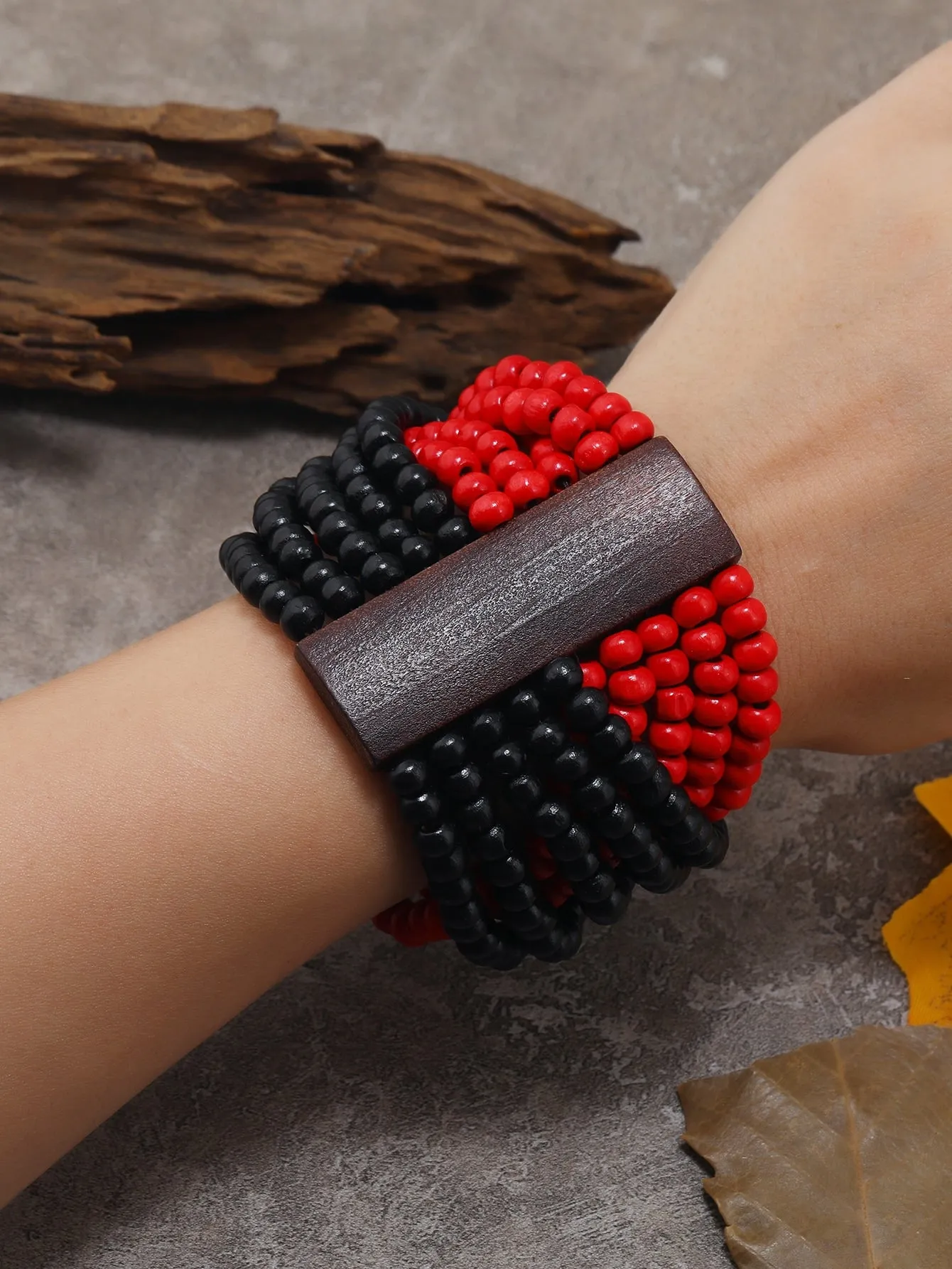 Black and Red Wooden Layered Beaded Bracelet Women Bracelet Stackable Bracelet