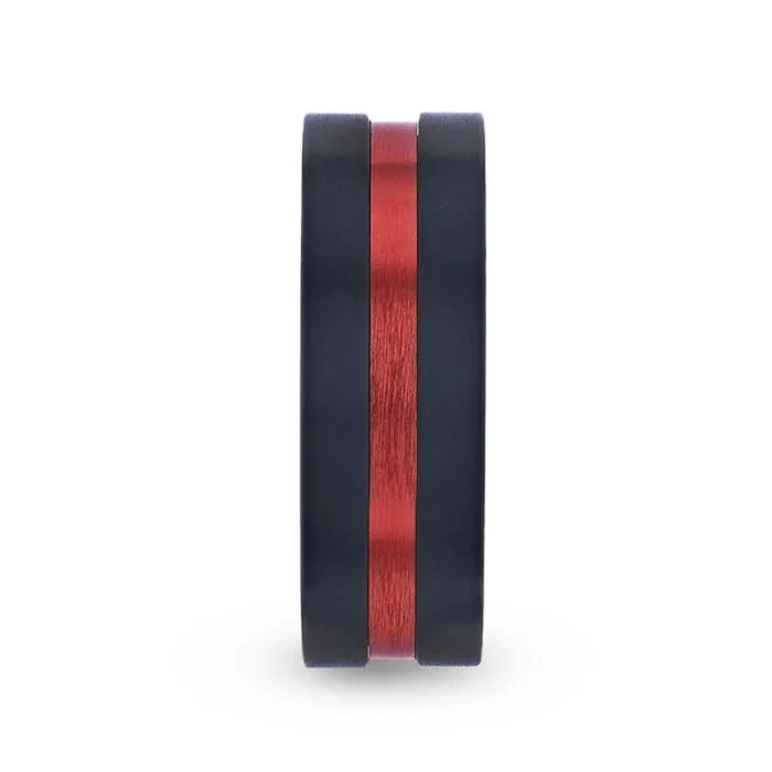 BLAZE | Black Titanium Ring, Red Groove, Flat