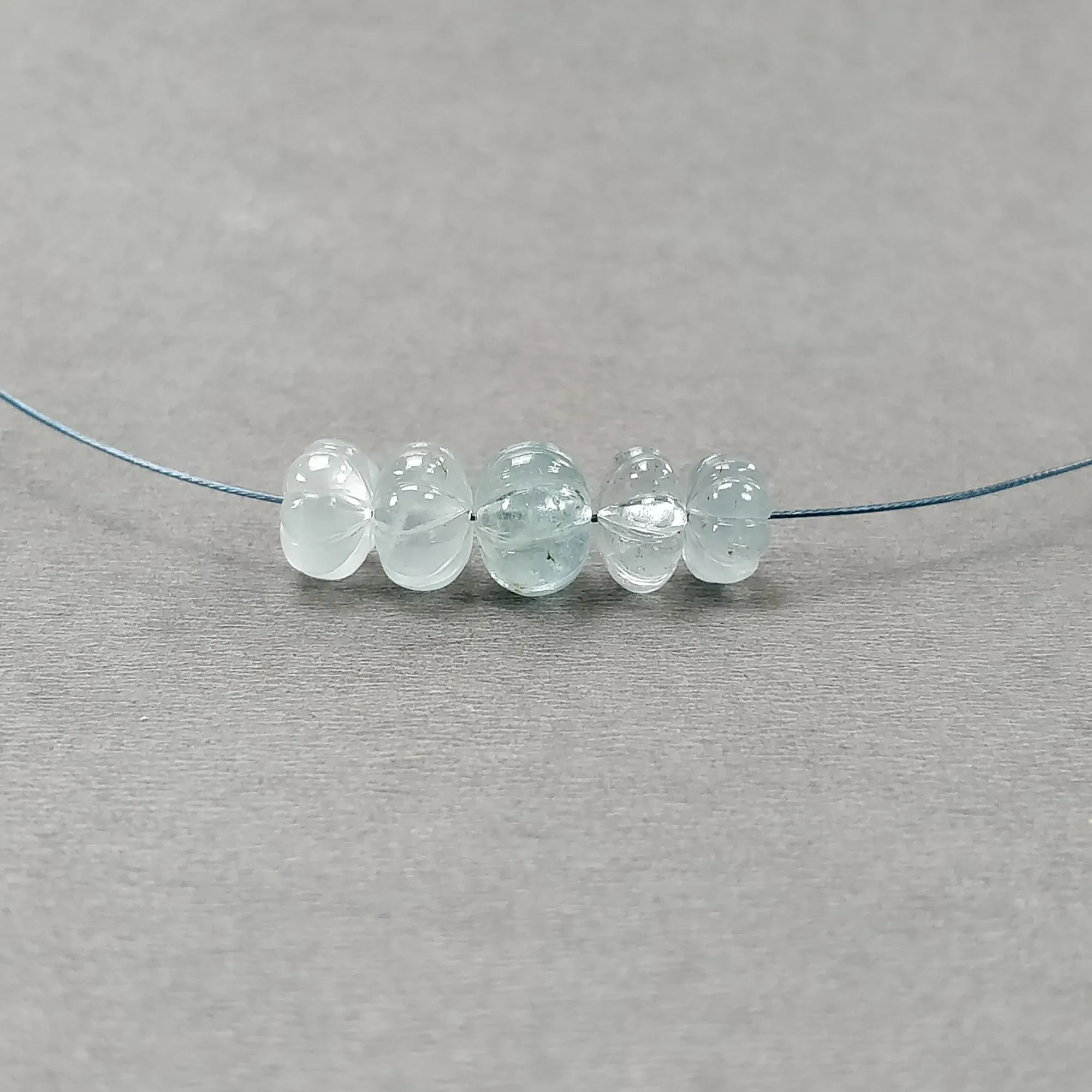 BLUE AQUAMARINE Gemstone Loose Beads : 13.65cts Natural Untreated Aquamarine Hand Carved Rondelle Beads 9mm - 7.5mm 5pcs