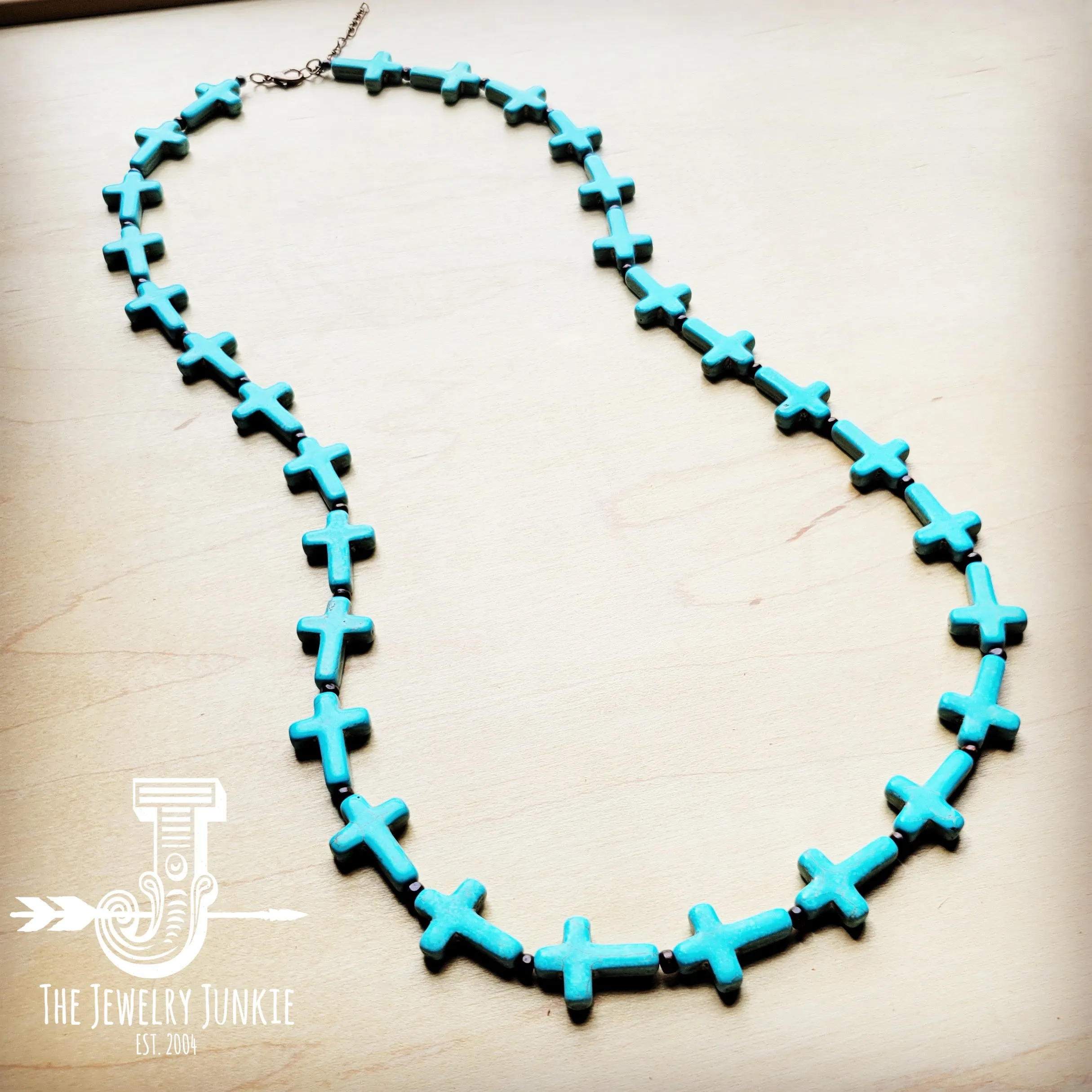 Blue Turquoise & Wood Beaded Cross Necklace 258n