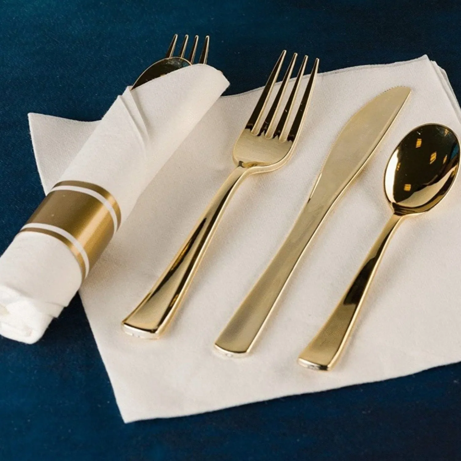 *BULK* Pre-Rolled set Cutlery Combo Spoon, Knife, Forks and Napkin Polished Gold