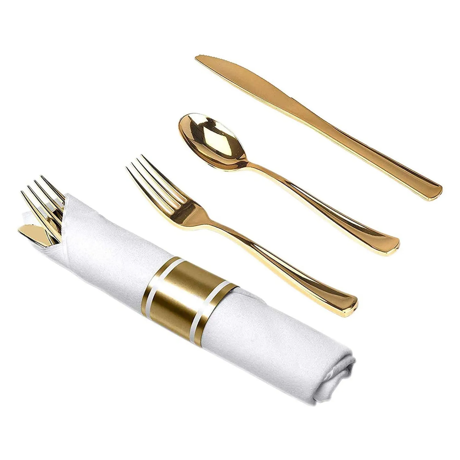 *BULK* Pre-Rolled set Cutlery Combo Spoon, Knife, Forks and Napkin Polished Gold