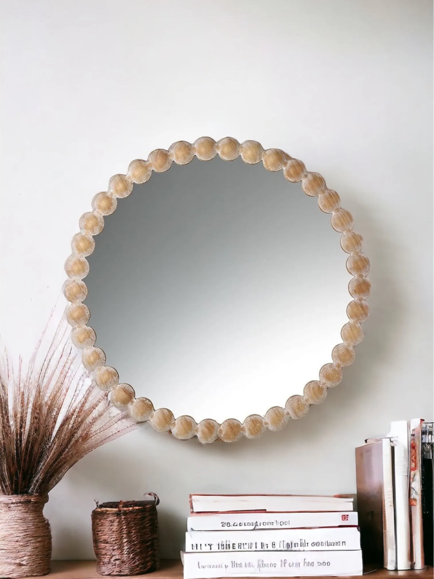 Camilla Washed Round Wooden Beaded Mirror