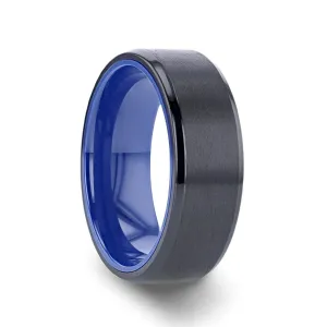 CASTOR | Blue Titanium Ring, Black Brushed, Beveled