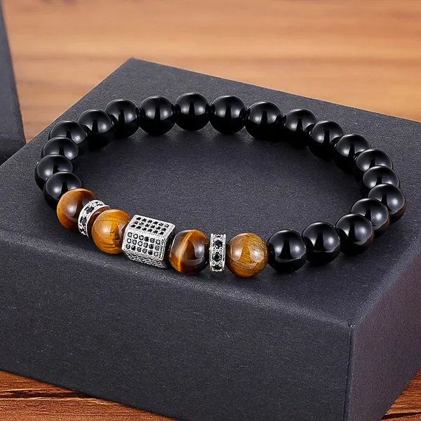 Classy Men Silver Elegant Tiger Eye Bead Bracelet