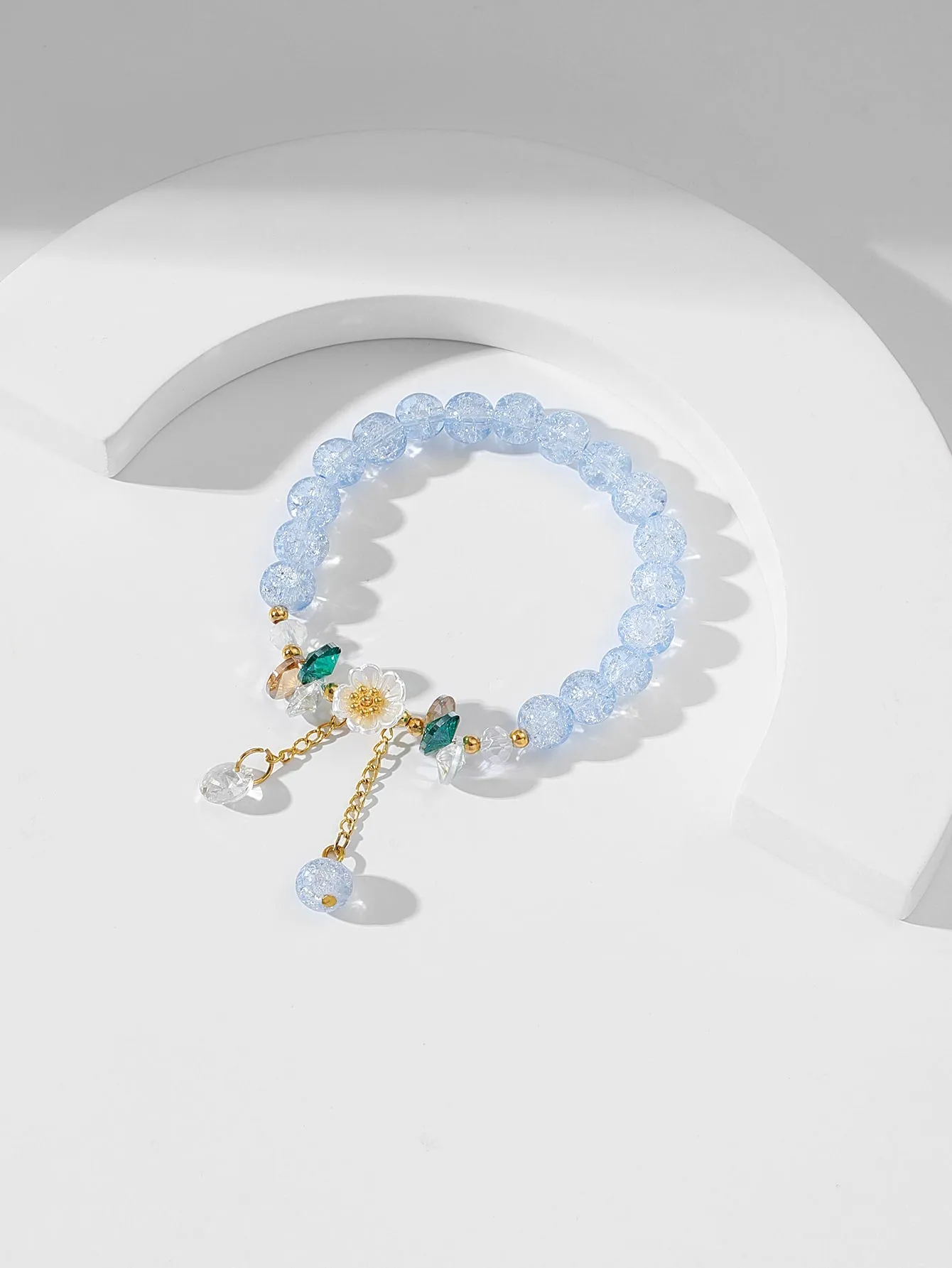 Flower Decor Light Blue Crystal Beaded Bracelet for Women Men Stretchy Stackable