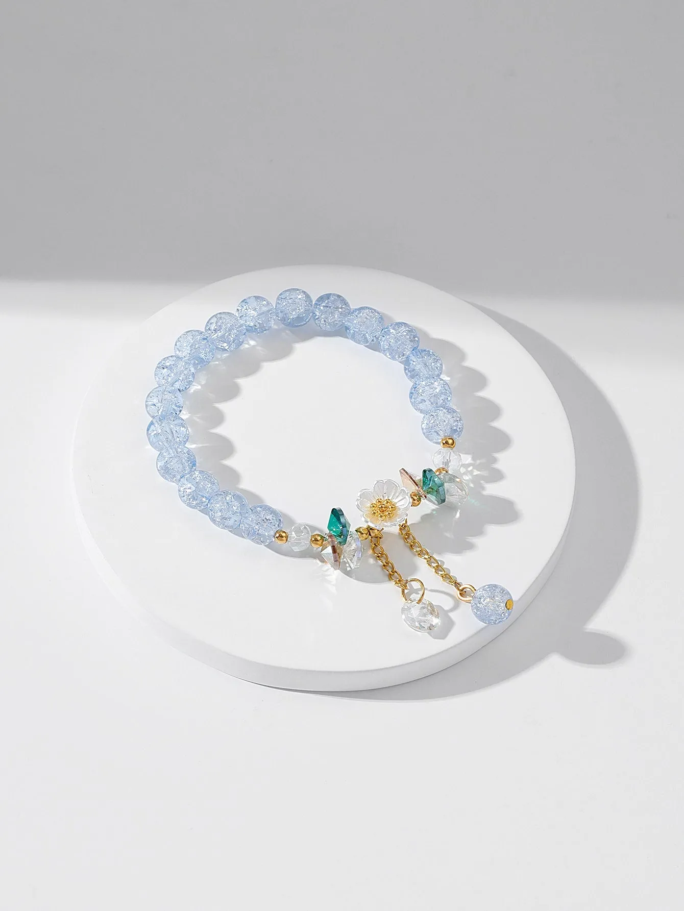 Flower Decor Light Blue Crystal Beaded Bracelet for Women Men Stretchy Stackable