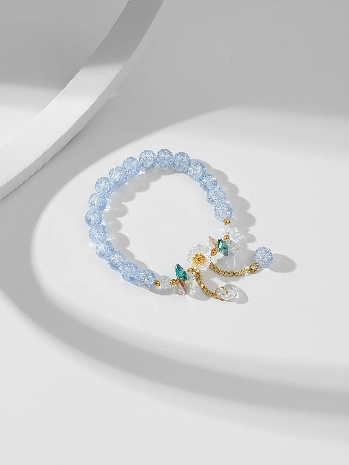 Flower Decor Light Blue Crystal Beaded Bracelet for Women Men Stretchy Stackable