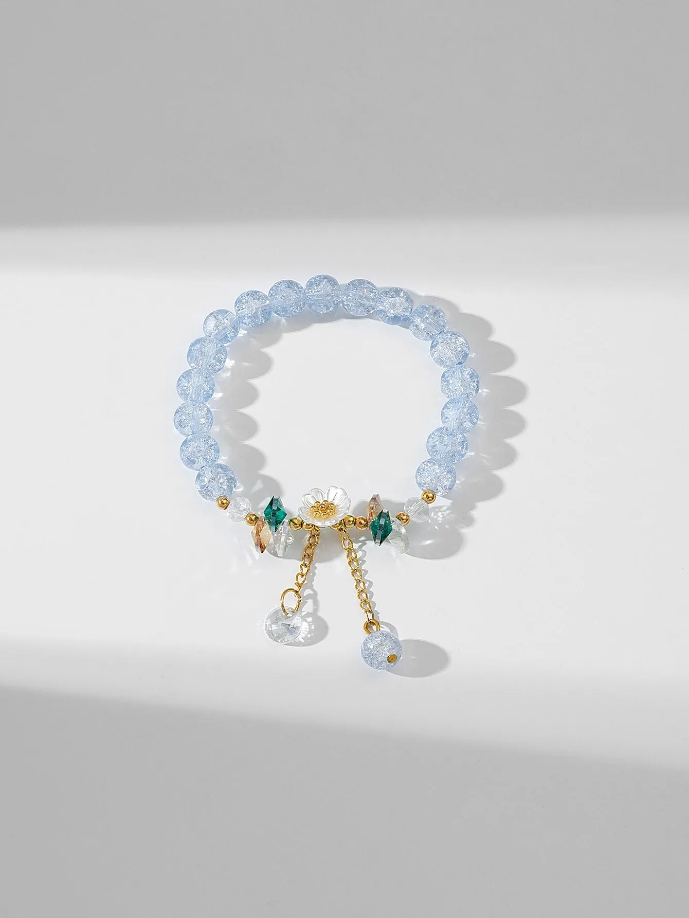 Flower Decor Light Blue Crystal Beaded Bracelet for Women Men Stretchy Stackable