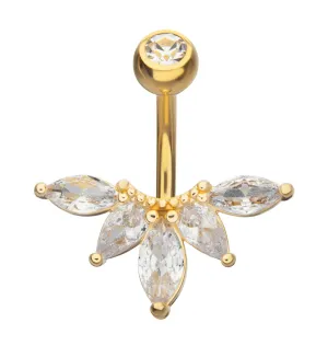 Gold PVD Beaded Horizontal Marquise Clear CZ Stainless Steel Belly Button Ring