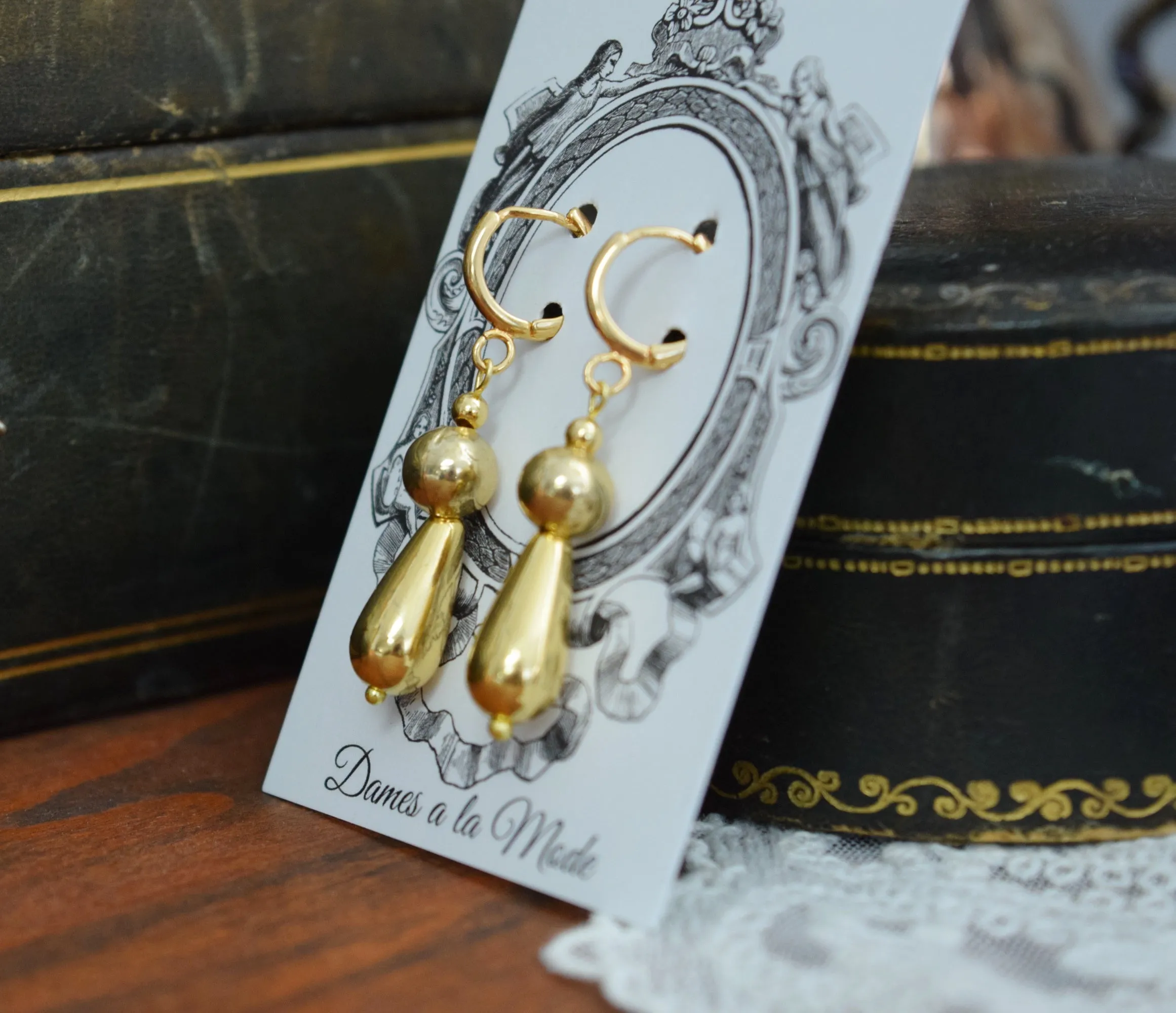 Golden Bead Earrings - 2-Stone Teardrop