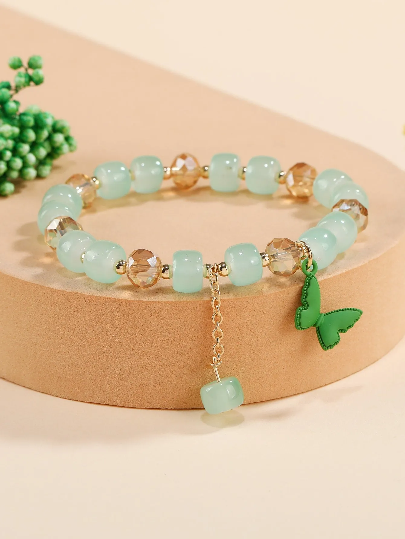 Green Butterfly Charm Beaded Bracelet Stackable Stretch Bracelets Mint Beads