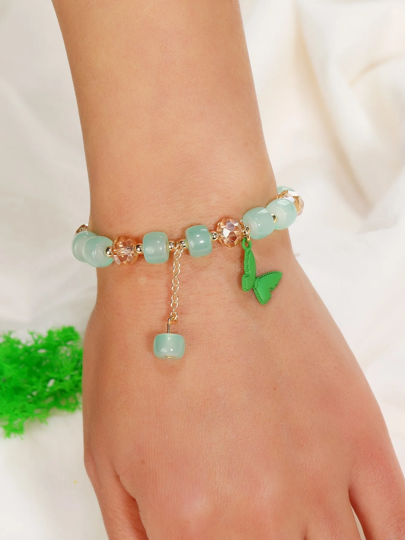 Green Butterfly Charm Beaded Bracelet Stackable Stretch Bracelets Mint Beads