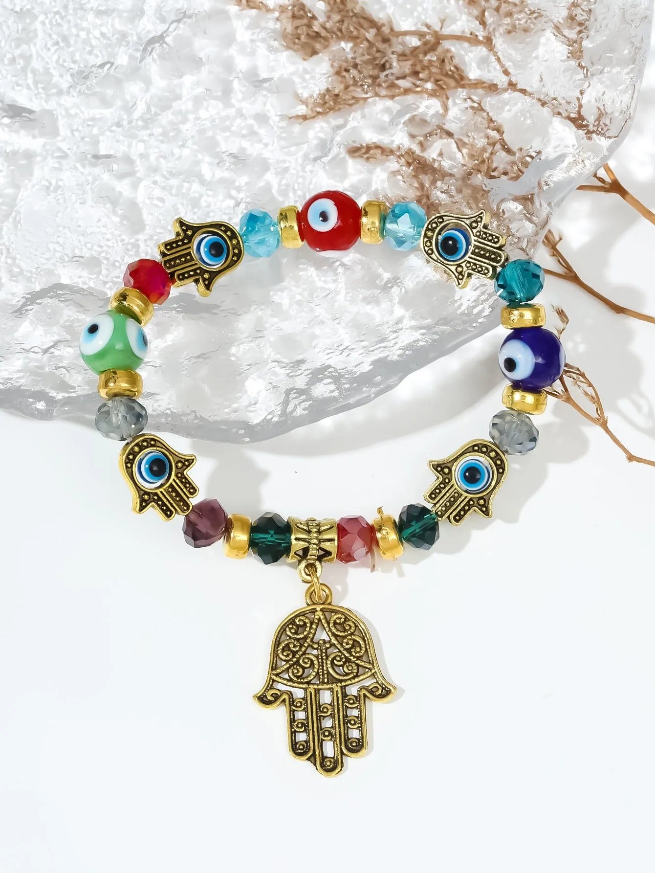 Hamsa Hand Charm Evil Eye Decor Colorful Beaded Bracelet Stackable Stretch