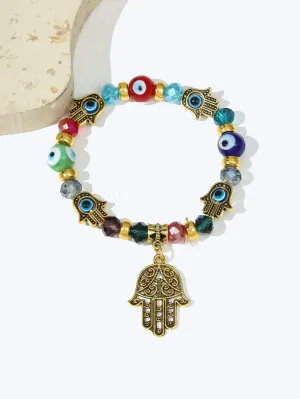 Hamsa Hand Charm Evil Eye Decor Colorful Beaded Bracelet Stackable Stretch