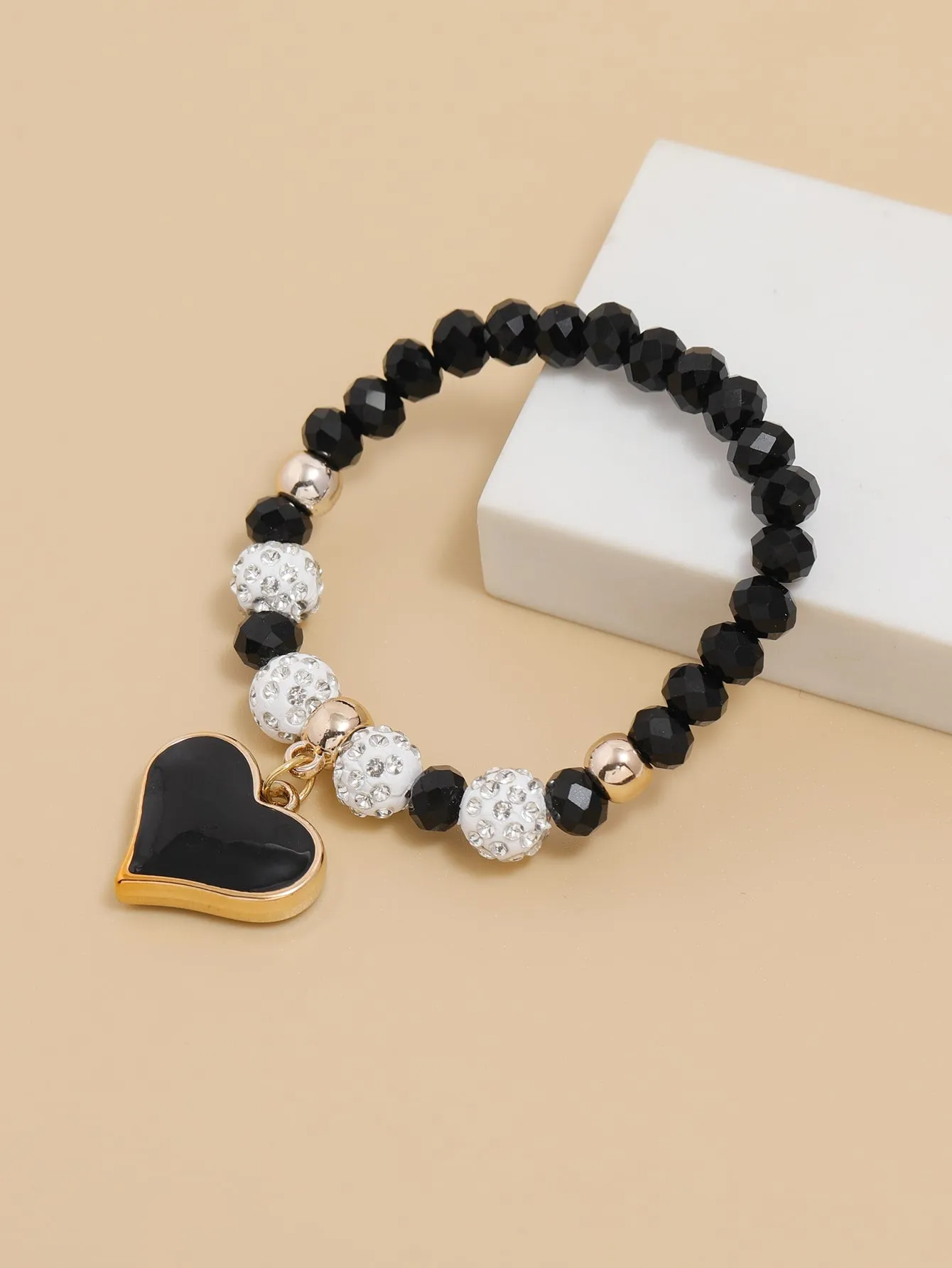 Heart Pendant Black and White Beaded Bracelet for Women Men Stretchy Stackable