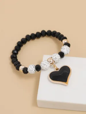 Heart Pendant Black and White Beaded Bracelet for Women Men Stretchy Stackable