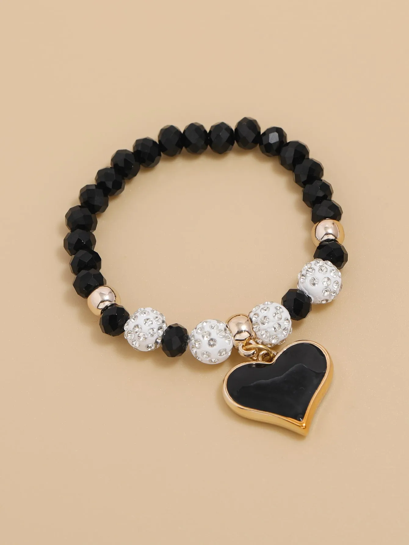 Heart Pendant Black and White Beaded Bracelet for Women Men Stretchy Stackable