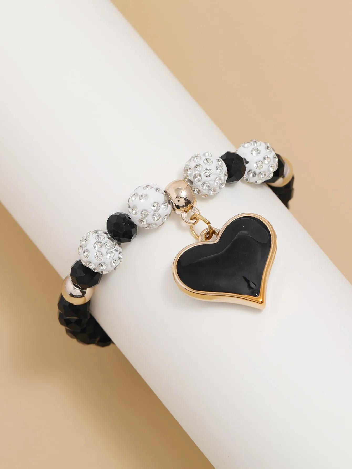 Heart Pendant Black and White Beaded Bracelet for Women Men Stretchy Stackable