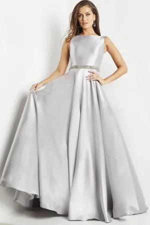 JOVANI 09077 Silver Mikado Modest A-Line Evening Gown