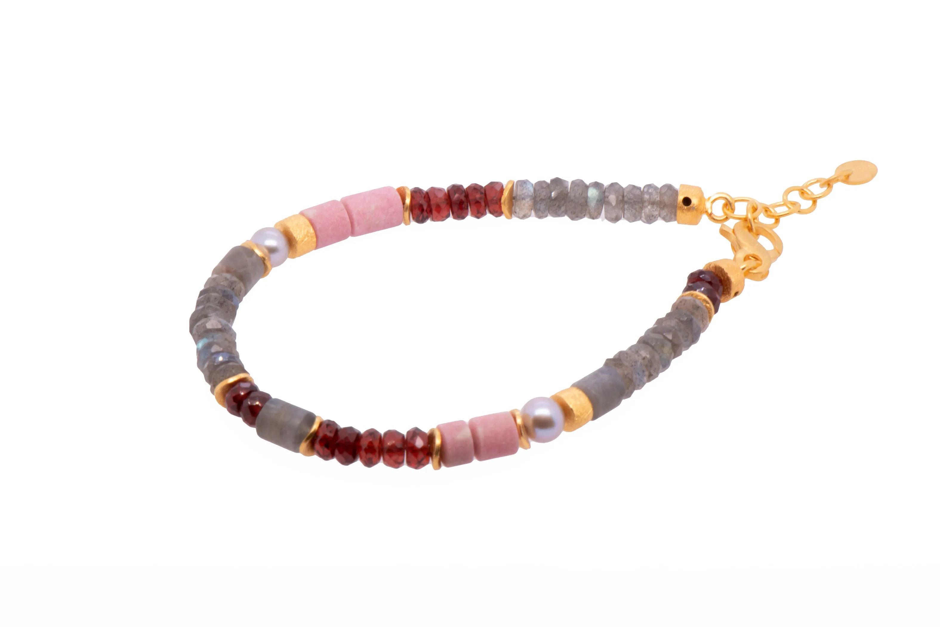 Labradorite, Garnet, Rhodonite and Grey Pearl 5mm Bracelet  24K Fair Trade Gold Vermeil