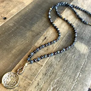 Larvikite and Garnet 'Serendipity and Love' Mala Necklace