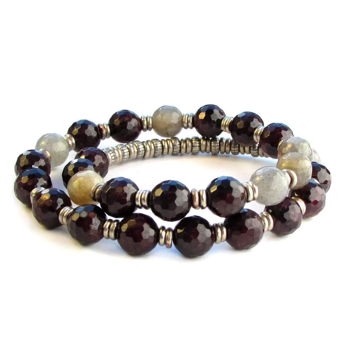 Love and Serendipity, Genuine Garnet and Labradorite 27 Bead Wrap Mala Bracelet