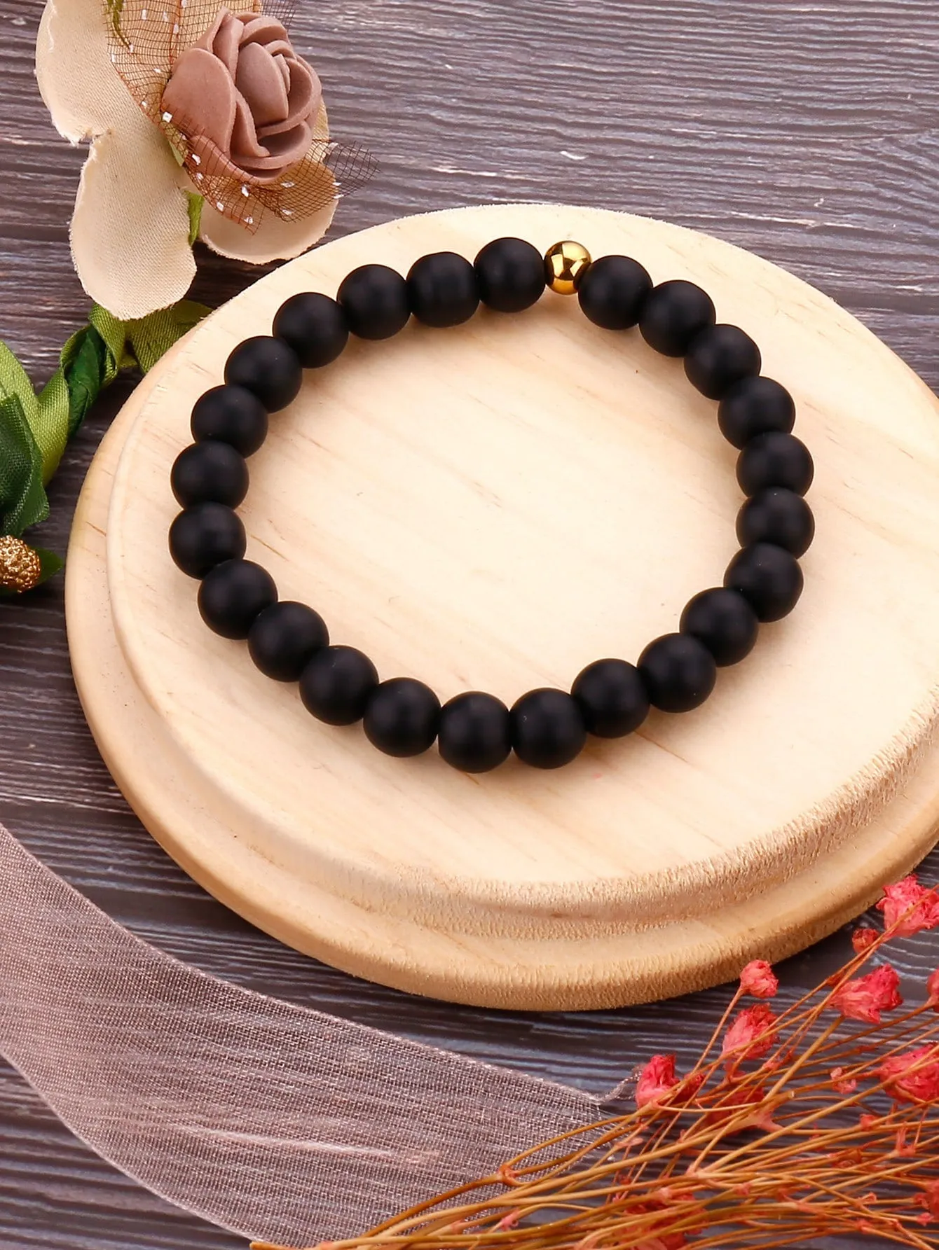 Matte Black Minimalistic Beaded Bracelet for Women Men Stretchy Stackable