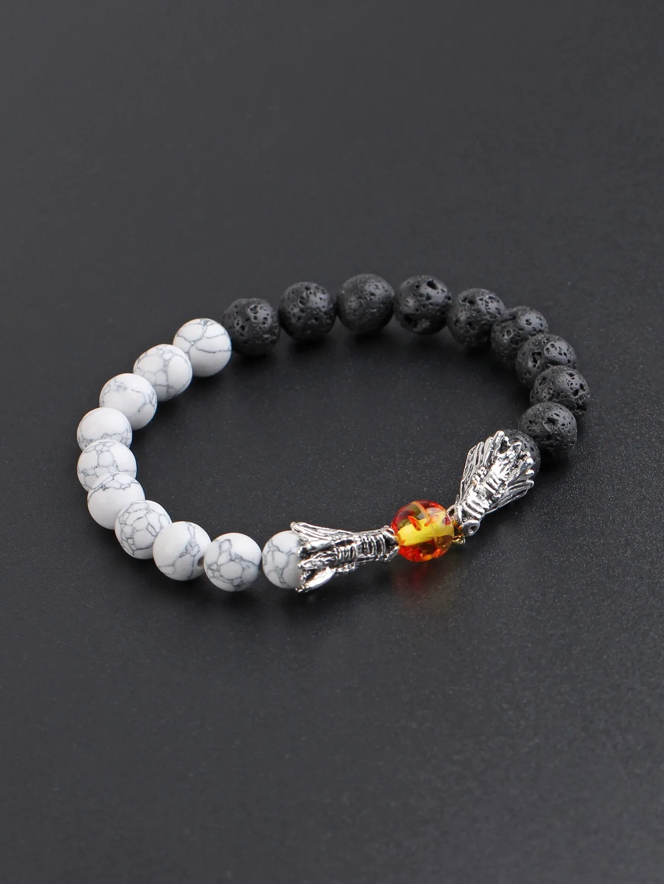 Men Chinese Dragon Head Decor Beaded Bracelet Men Bracelet Stackable Bracelet