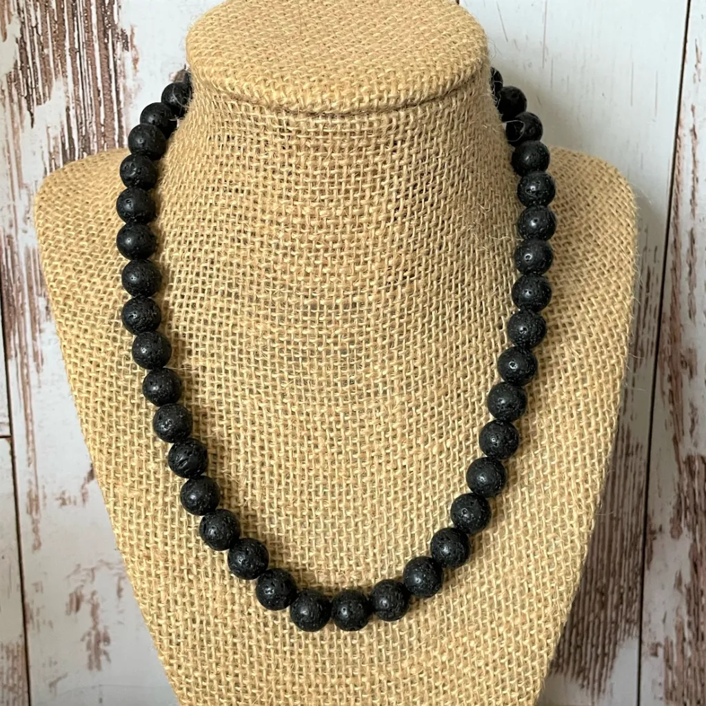 Mens Black Lava 10mm Beaded Necklace