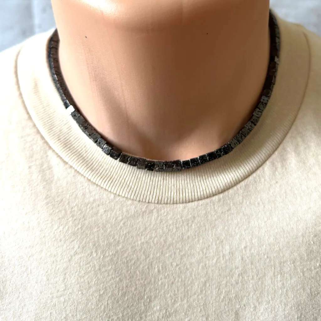 Mens Black Lava Cube Necklace