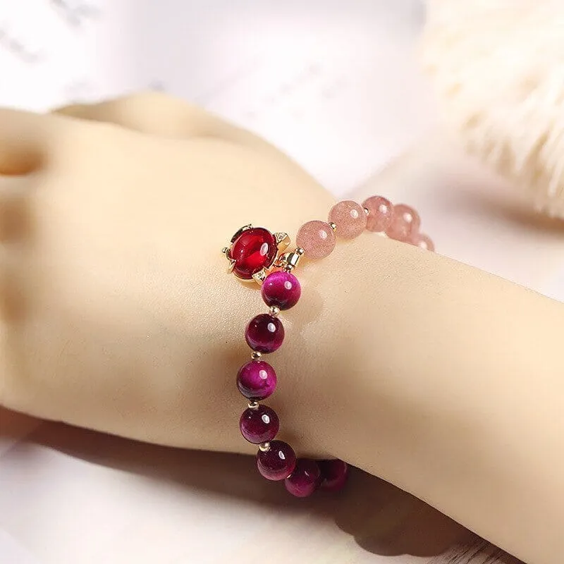 Natural Strawberry Crystal/Amethyst/Rose Red Tiger Eye Beads Bracelet