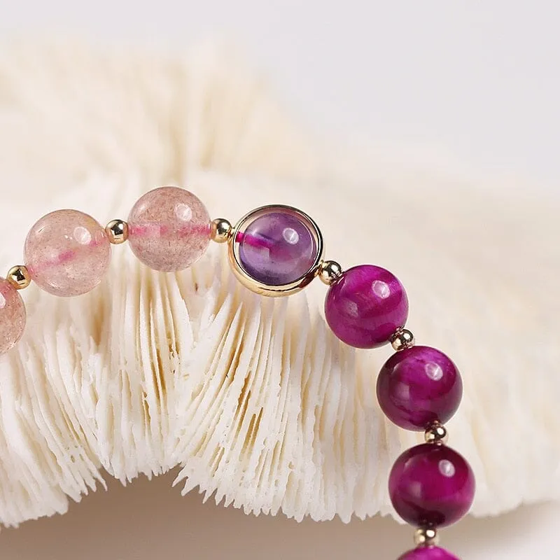 Natural Strawberry Crystal/Amethyst/Rose Red Tiger Eye Beads Bracelet